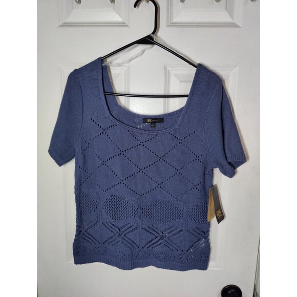 Frye Pointelle Knit Scoop Neck Short Sleeve Pullover Blue Gray Sweater L NWT - Picture 6 of 7